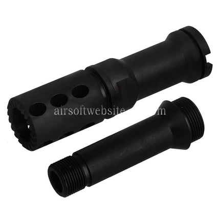 BBT CNC Steel Mündungsfeuerdämpfer mit Outer Barrel Extension -14mm CCW Gegen den Uhrzeigersinn Geeignet für VFC FN M249 Serie GBB SMG Schwarz