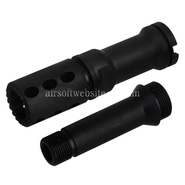 BBT CNC Steel Mündungsfeuerdämpfer mit Outer Barrel Extension -14mm CCW Gegen den Uhrzeigersinn Geeignet für VFC FN M249 Serie GBB SMG Schwarz